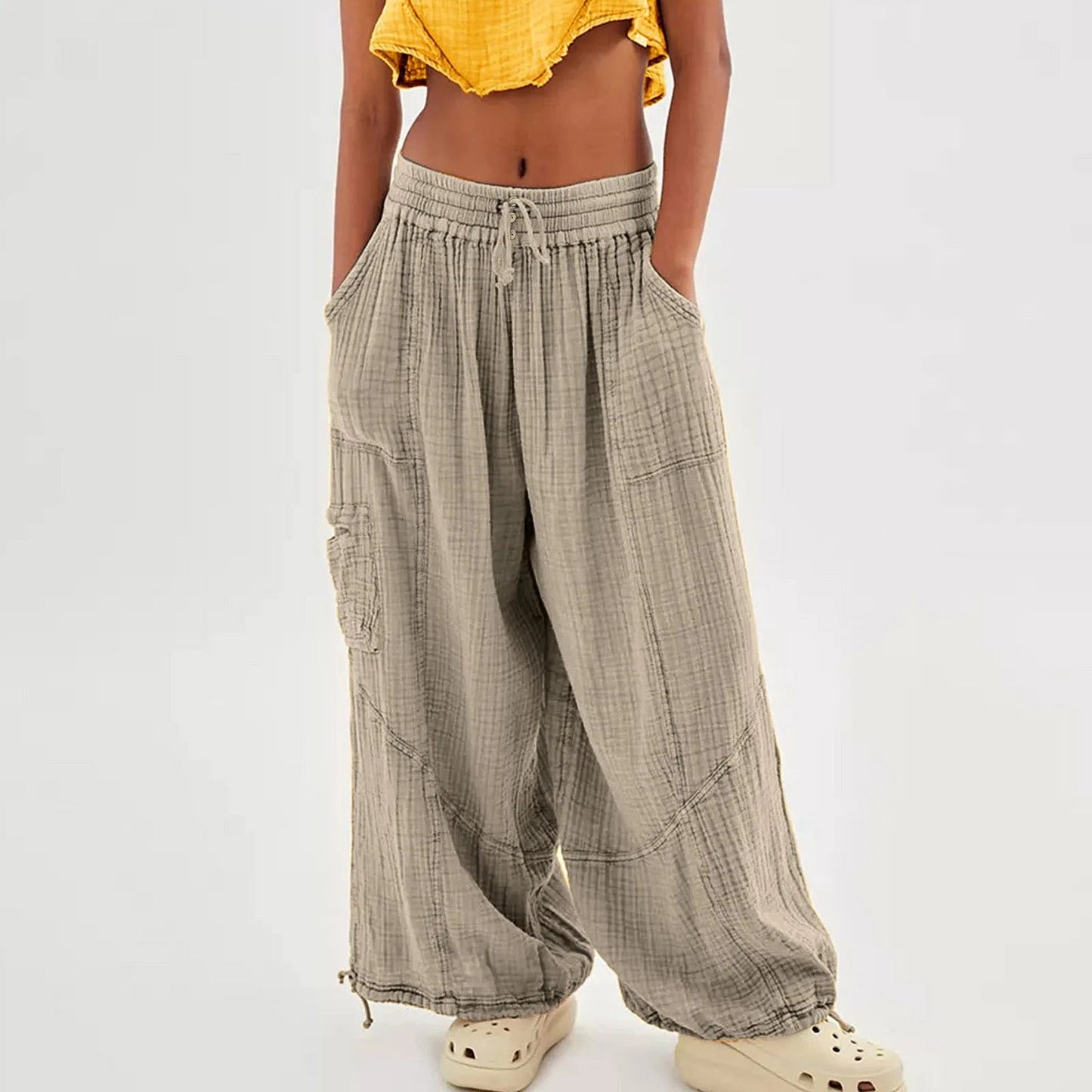 Wide Leg Harem Pants High Waist Button Drawstring - Blu Lotus Boutique