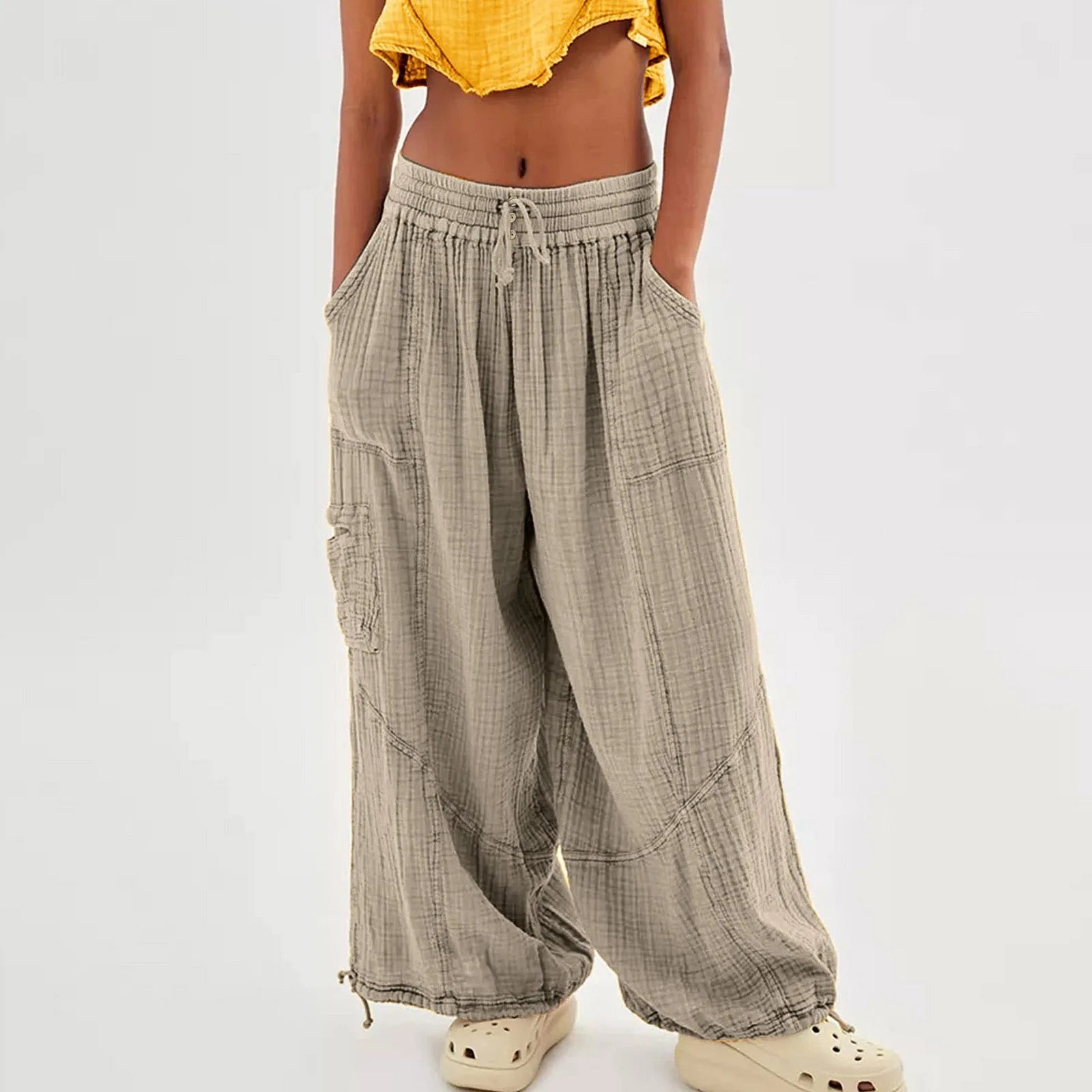 Wide Leg Harem Pants High Waist Button Drawstring - Blu Lotus Boutique