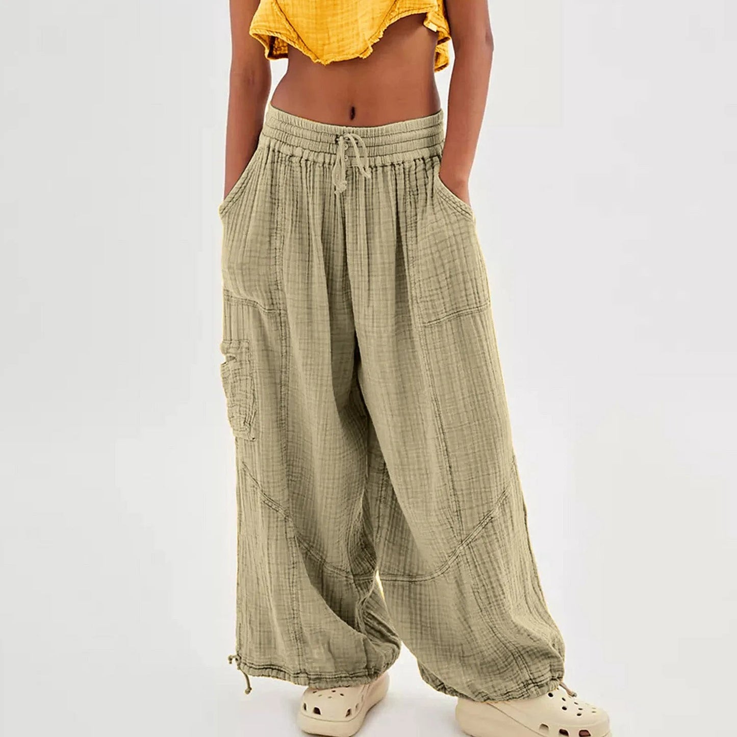 Wide Leg Harem Pants High Waist Button Drawstring - Blu Lotus Boutique