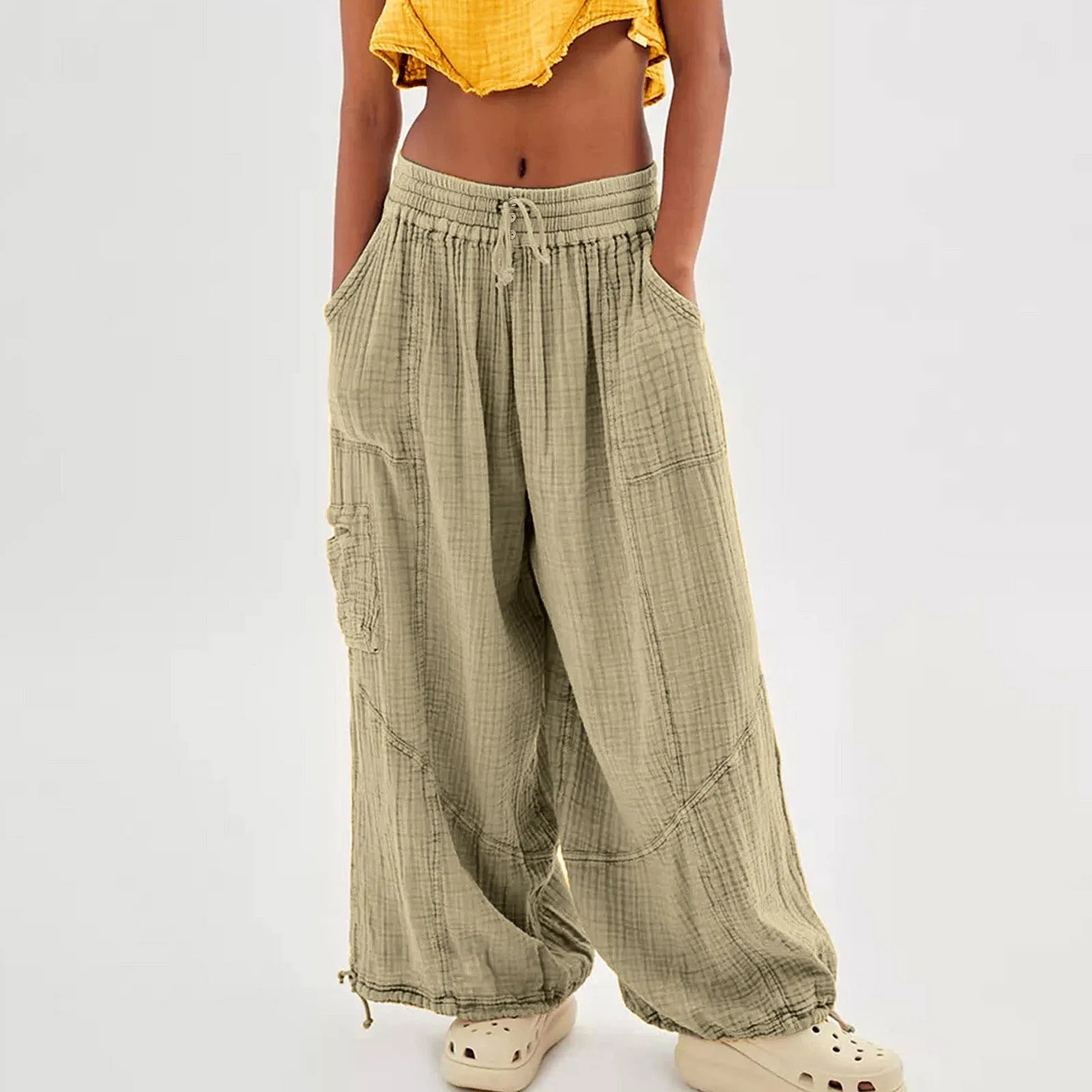 Wide Leg Harem Pants High Waist Button Drawstring - Blu Lotus Boutique