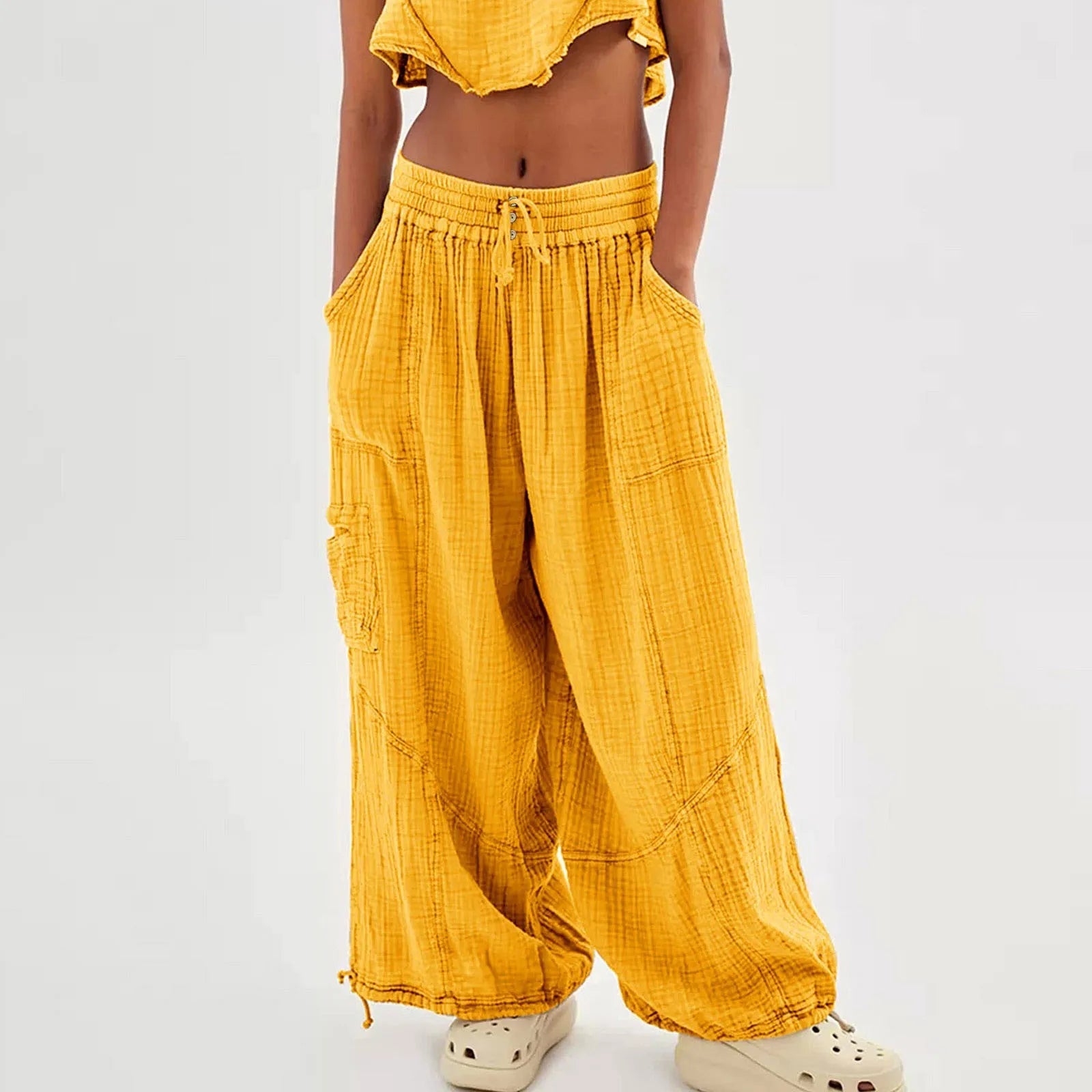 Wide Leg Harem Pants High Waist Button Drawstring - Blu Lotus Boutique