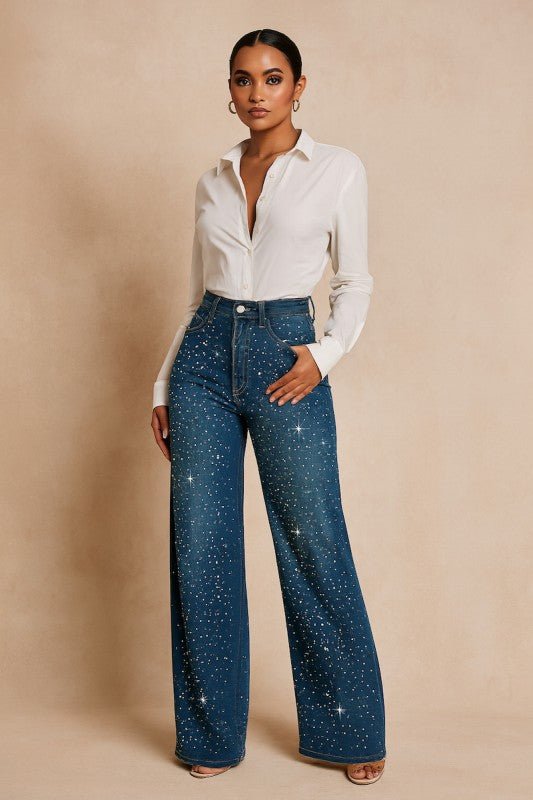 Wide Leg Rhinestone Jean - Blu Lotus Boutique