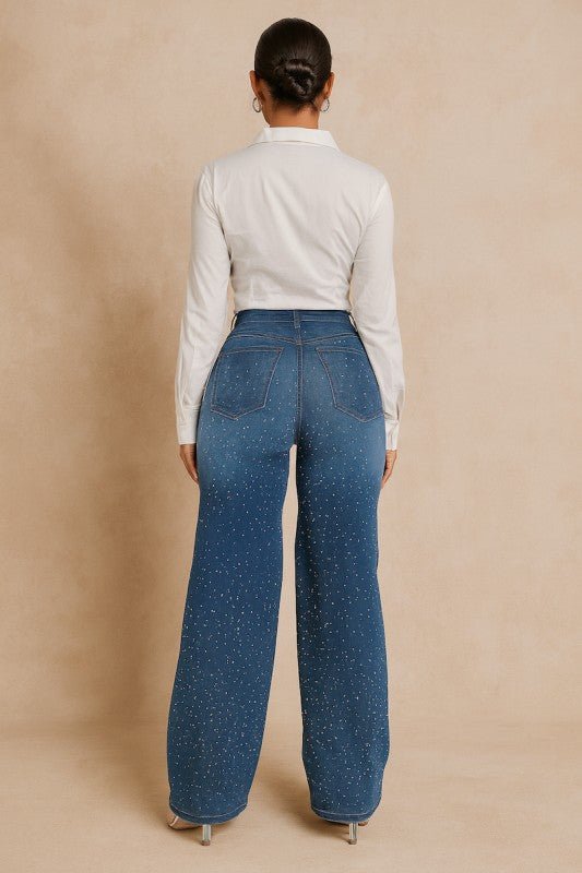 Wide Leg Rhinestone Jean - Blu Lotus Boutique