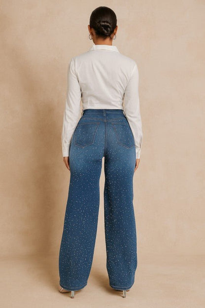Wide Leg Rhinestone Jean - Blu Lotus Boutique