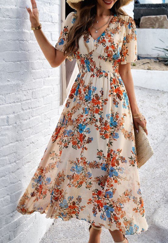 Women's Casual Boho Floral Print Dress V Neck - Blu Lotus Boutique