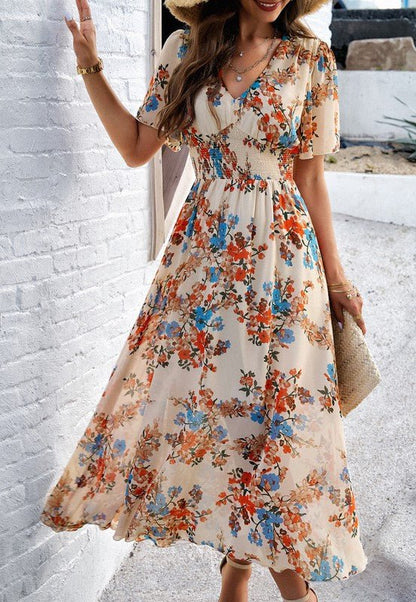 Women's Casual Boho Floral Print Dress V Neck - Blu Lotus Boutique