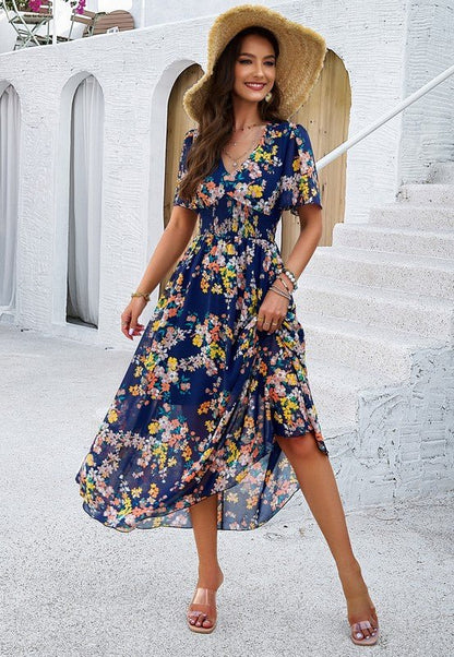 Women's Casual Boho Floral Print Dress V Neck - Blu Lotus Boutique