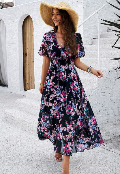 Women's Casual Boho Floral Print Dress V Neck - Blu Lotus Boutique