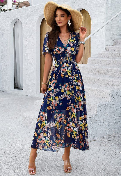 Women's Casual Boho Floral Print Dress V Neck - Blu Lotus Boutique