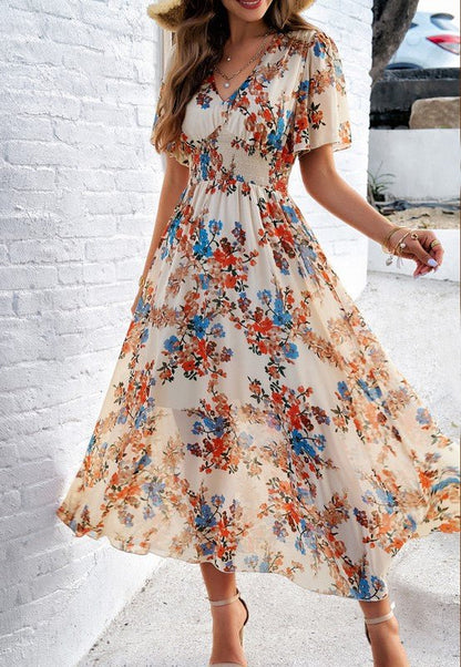 Women's Casual Boho Floral Print Dress V Neck - Blu Lotus Boutique