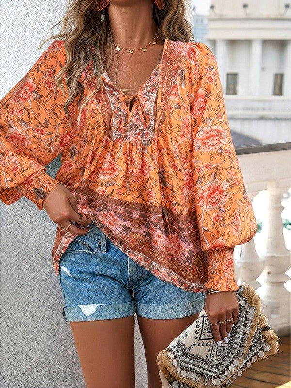 Women's Casual Boho V Neck Top Floral Blouses - Blu Lotus Boutique