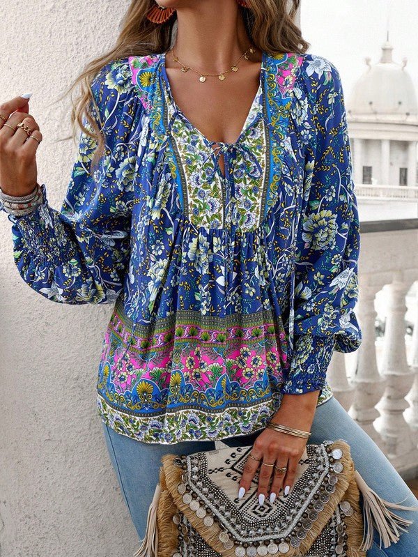 Women's Casual Boho V Neck Top Floral Blouses - Blu Lotus Boutique
