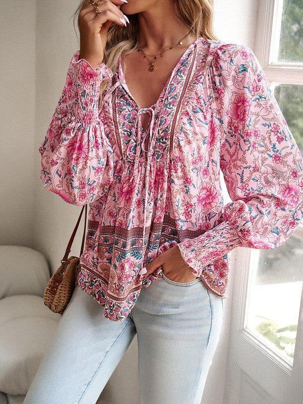 Women's Casual Boho V Neck Top Floral Blouses - Blu Lotus Boutique