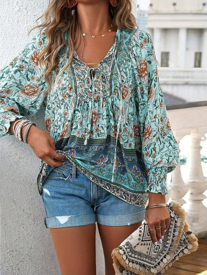 Women's Casual Boho V Neck Top Floral Blouses - Blu Lotus Boutique