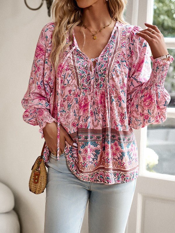 Women's Casual Boho V Neck Top Floral Blouses - Blu Lotus Boutique