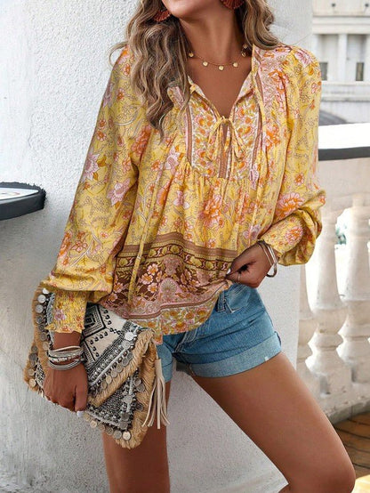 Women's Casual Boho V Neck Top Floral Blouses - Blu Lotus Boutique