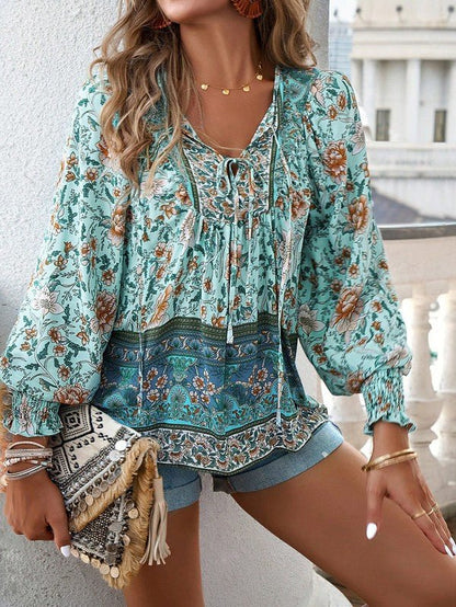Women's Casual Boho V Neck Top Floral Blouses - Blu Lotus Boutique