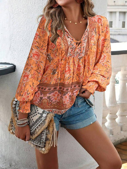 Women's Casual Boho V Neck Top Floral Blouses - Blu Lotus Boutique