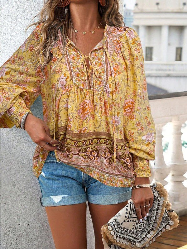 Women's Casual Boho V Neck Top Floral Blouses - Blu Lotus Boutique