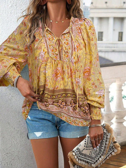 Women's Casual Boho V Neck Top Floral Blouses - Blu Lotus Boutique