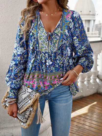 Women's Casual Boho V Neck Top Floral Blouses - Blu Lotus Boutique