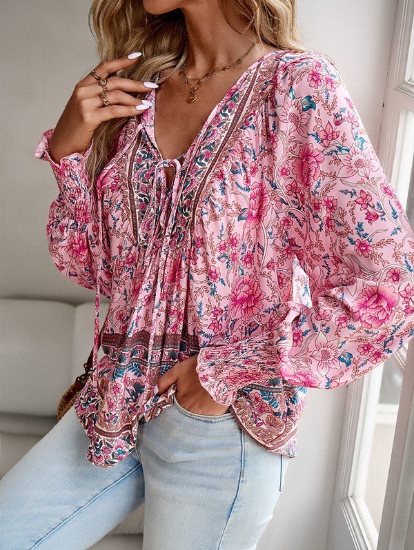 Women's Casual Boho V Neck Top Floral Blouses - Blu Lotus Boutique