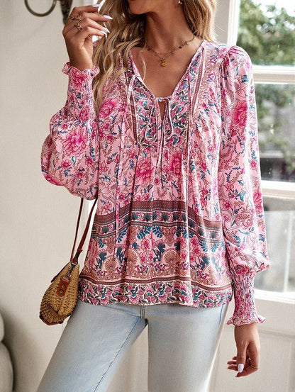 Women's Casual Boho V Neck Top Floral Blouses - Blu Lotus Boutique