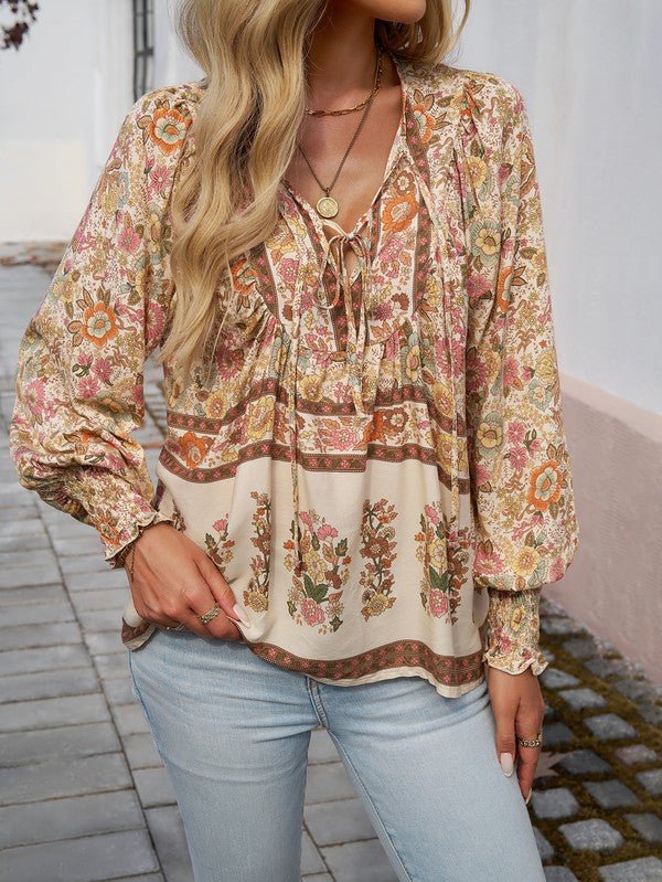Women's Casual Boho V Neck Top Floral Blouses - Blu Lotus Boutique
