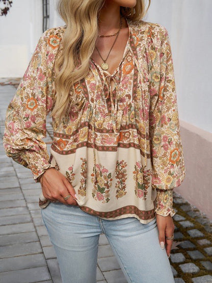 Women's Casual Boho V Neck Top Floral Blouses - Blu Lotus Boutique