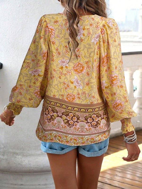 Women's Casual Boho V Neck Top Floral Blouses - Blu Lotus Boutique