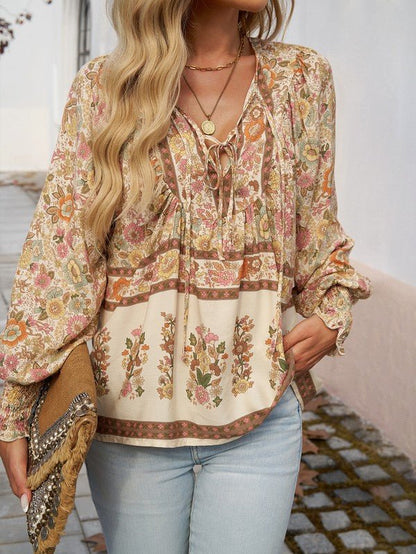 Women's Casual Boho V Neck Top Floral Blouses - Blu Lotus Boutique
