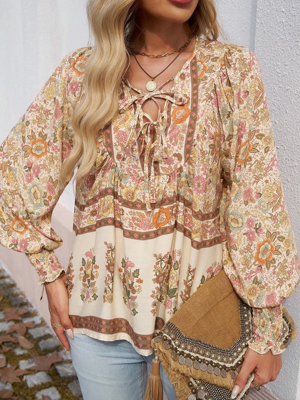 Women's Casual Boho V Neck Top Floral Blouses - Blu Lotus Boutique