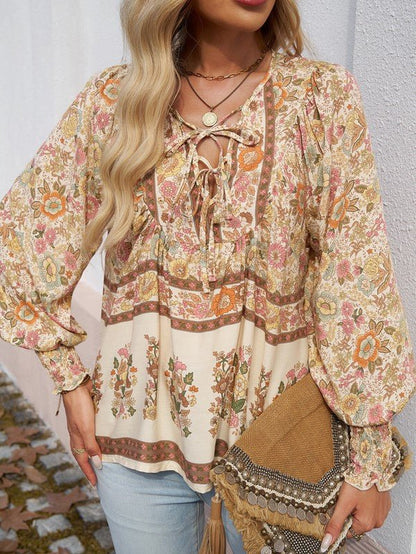 Women's Casual Boho V Neck Top Floral Blouses - Blu Lotus Boutique
