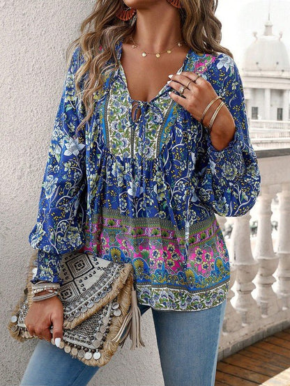 Women's Casual Boho V Neck Top Floral Blouses - Blu Lotus Boutique