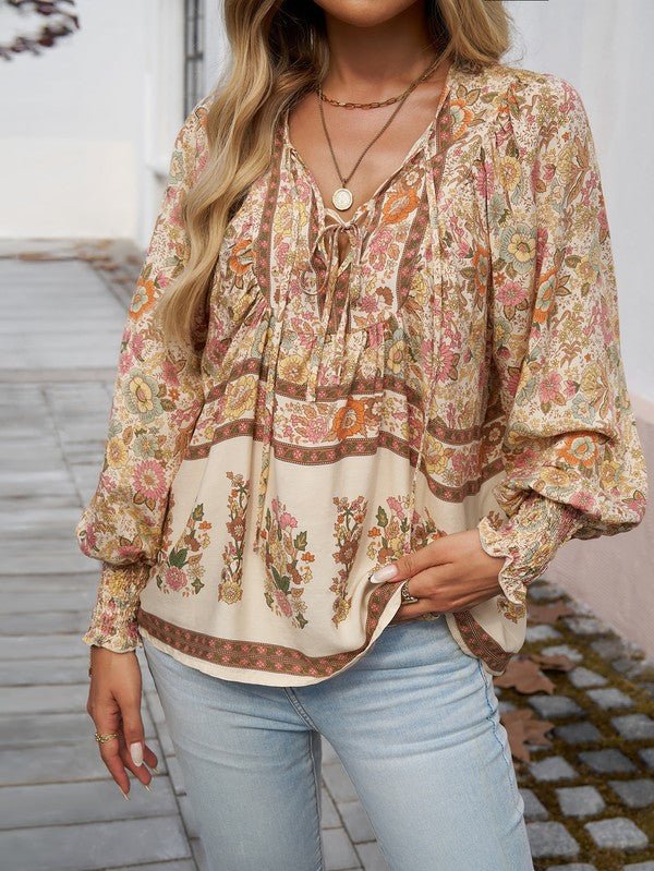 Women's Casual Boho V Neck Top Floral Blouses - Blu Lotus Boutique