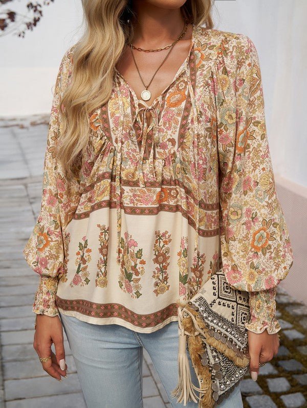 Women's Casual Boho V Neck Top Floral Blouses - Blu Lotus Boutique