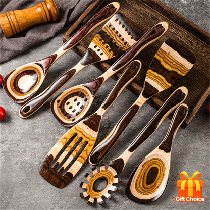 WOSPONFAN 7pc Pakkawood Spurtle Set NonStick Cooking Utensils - Blu Lotus Boutique