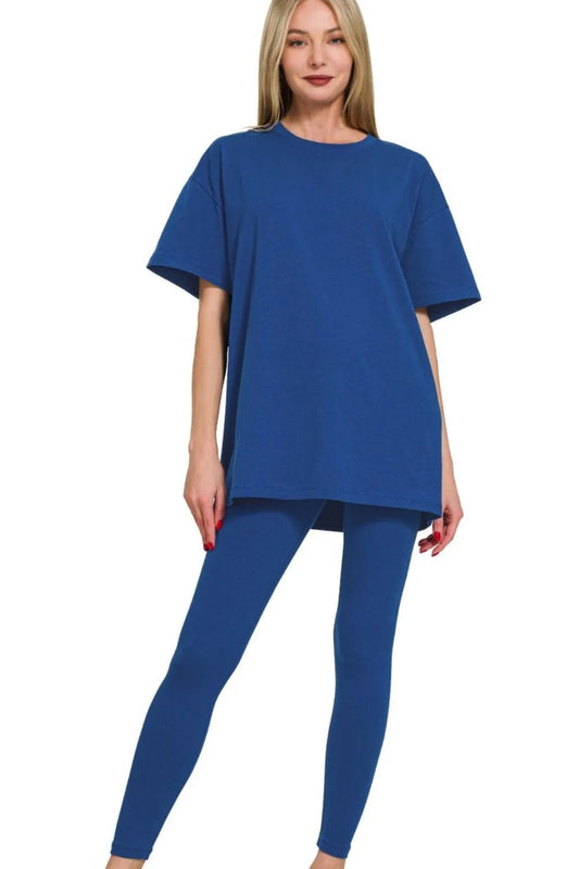 Zenana Cotton Round Neck Top & Legging Set - Blu Lotus Boutique