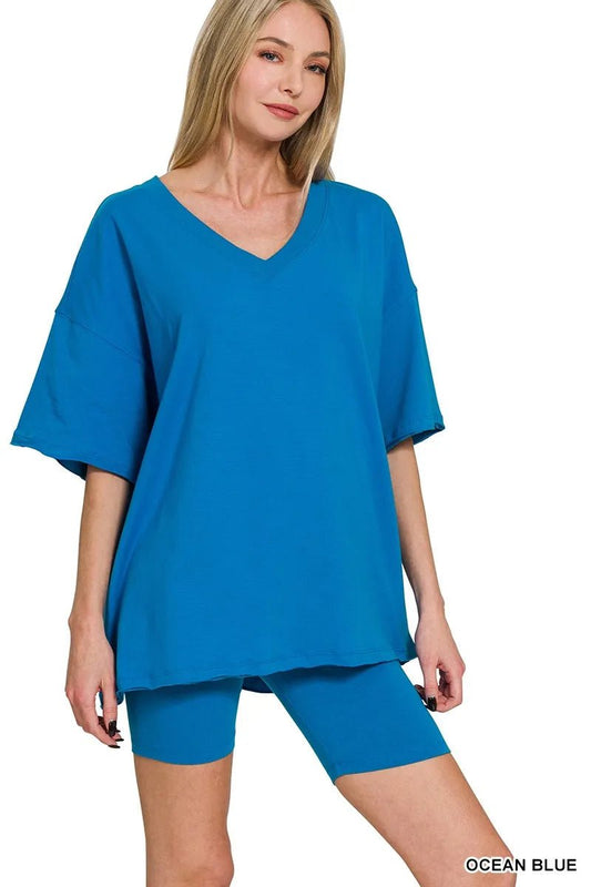 Zenana Cotton V - neck Top & Biker Shorts Set - Blu Lotus Boutique