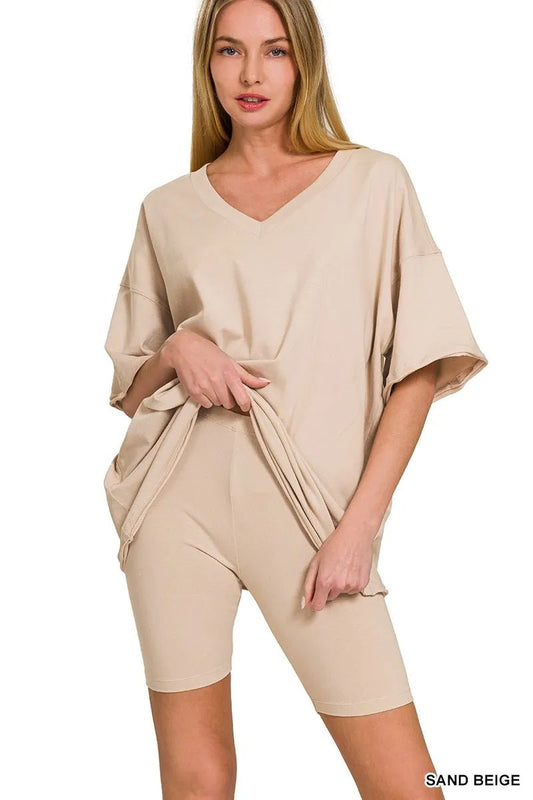Zenana Cotton V - neck Top & Biker Shorts Set - Blu Lotus Boutique