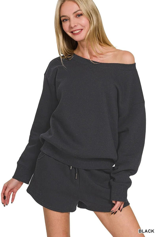 Zenana Fleece Boat Neck Sweatshirt and Shorts Set - Blu Lotus Boutique