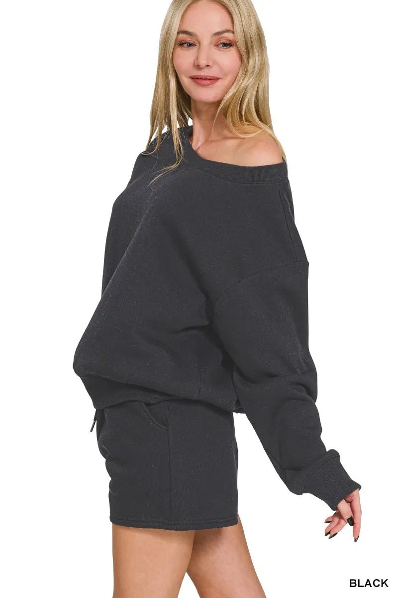 Zenana Fleece Boat Neck Sweatshirt and Shorts Set - Blu Lotus Boutique