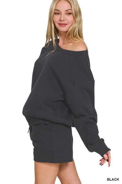 Zenana Fleece Boat Neck Sweatshirt and Shorts Set - Blu Lotus Boutique
