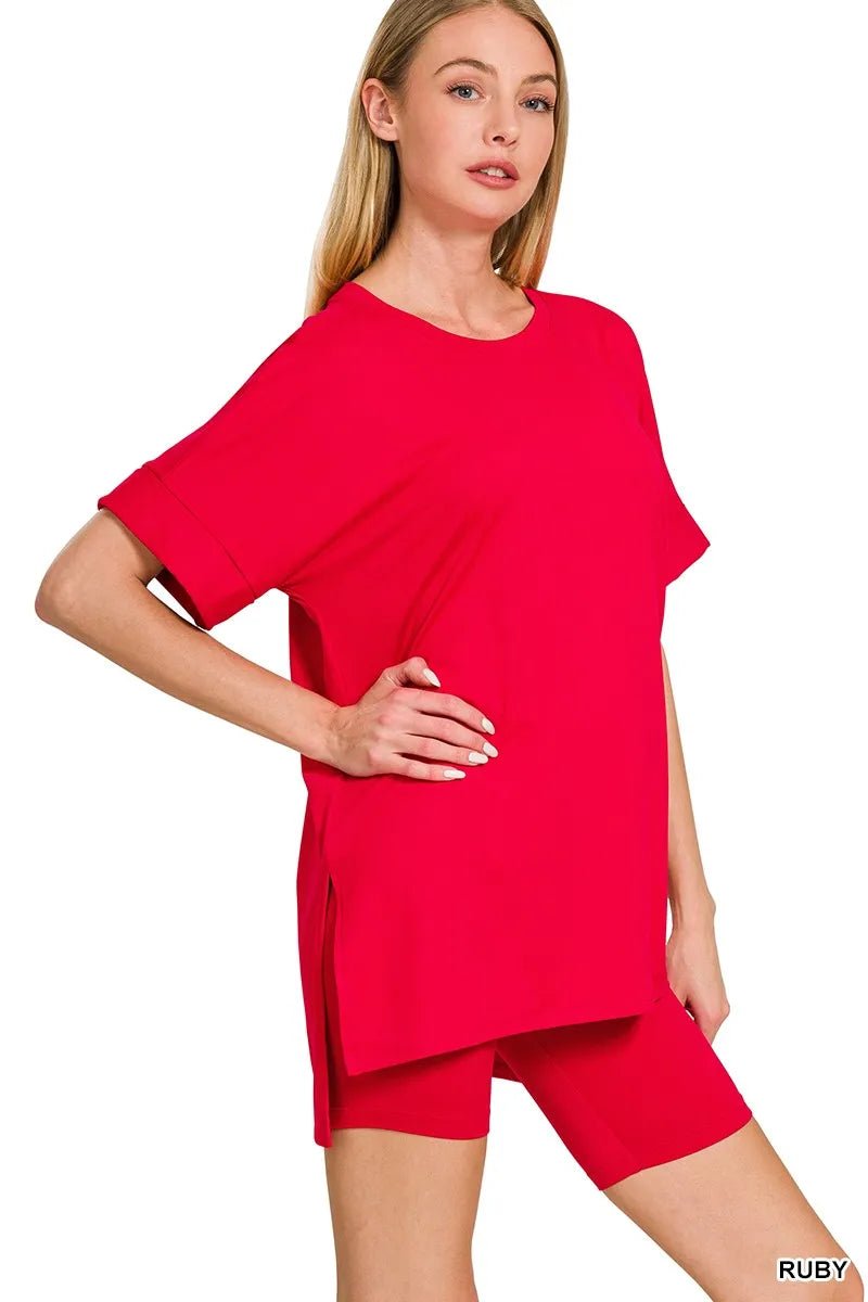 Zenana Full Size Brushed Dty Microfiber Round Neck Top and Biker Shorts Set Plus Size - Blu Lotus Boutique