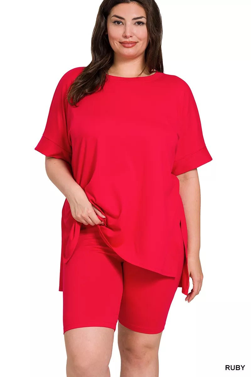 Zenana Full Size Brushed Dty Microfiber Round Neck Top and Biker Shorts Set Plus Size - Blu Lotus Boutique