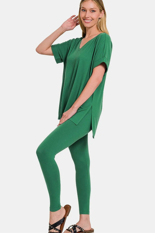 Zenana Full Size V - Neck Rolled Short Sleeve T-Shirt and Leggings Lounge Set - Blu Lotus Boutique