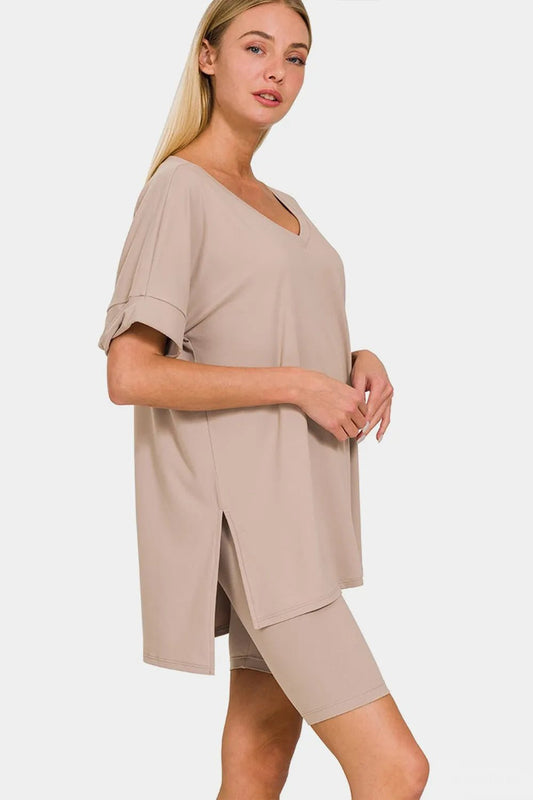 Zenana Full Size V - Neck Short Sleeve Slit T-Shirt and Shorts Set - Blu Lotus Boutique