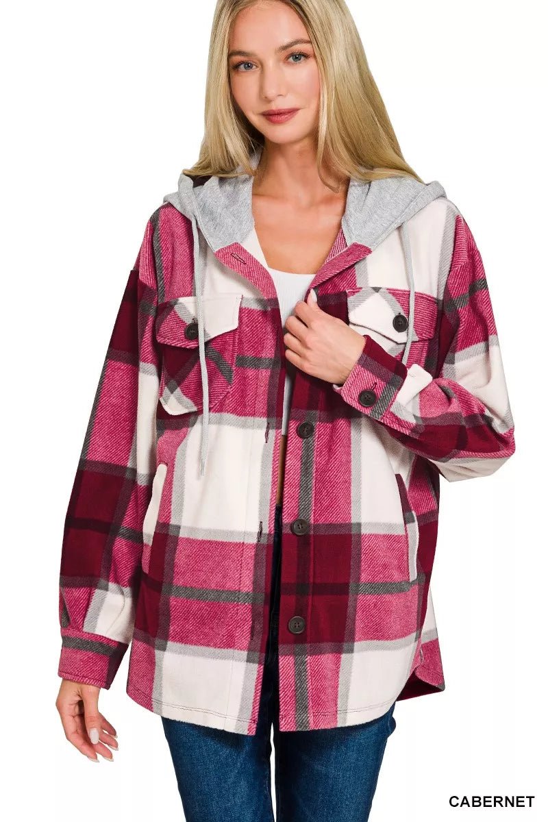 Zenana Plaid Drawstring Hooded Fleece Shacket - Blu Lotus Boutique