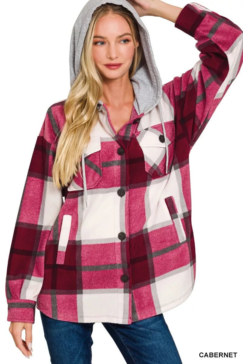 Zenana Plaid Drawstring Hooded Fleece Shacket - Blu Lotus Boutique