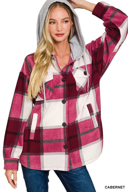 Zenana Plaid Drawstring Hooded Fleece Shacket - Blu Lotus Boutique